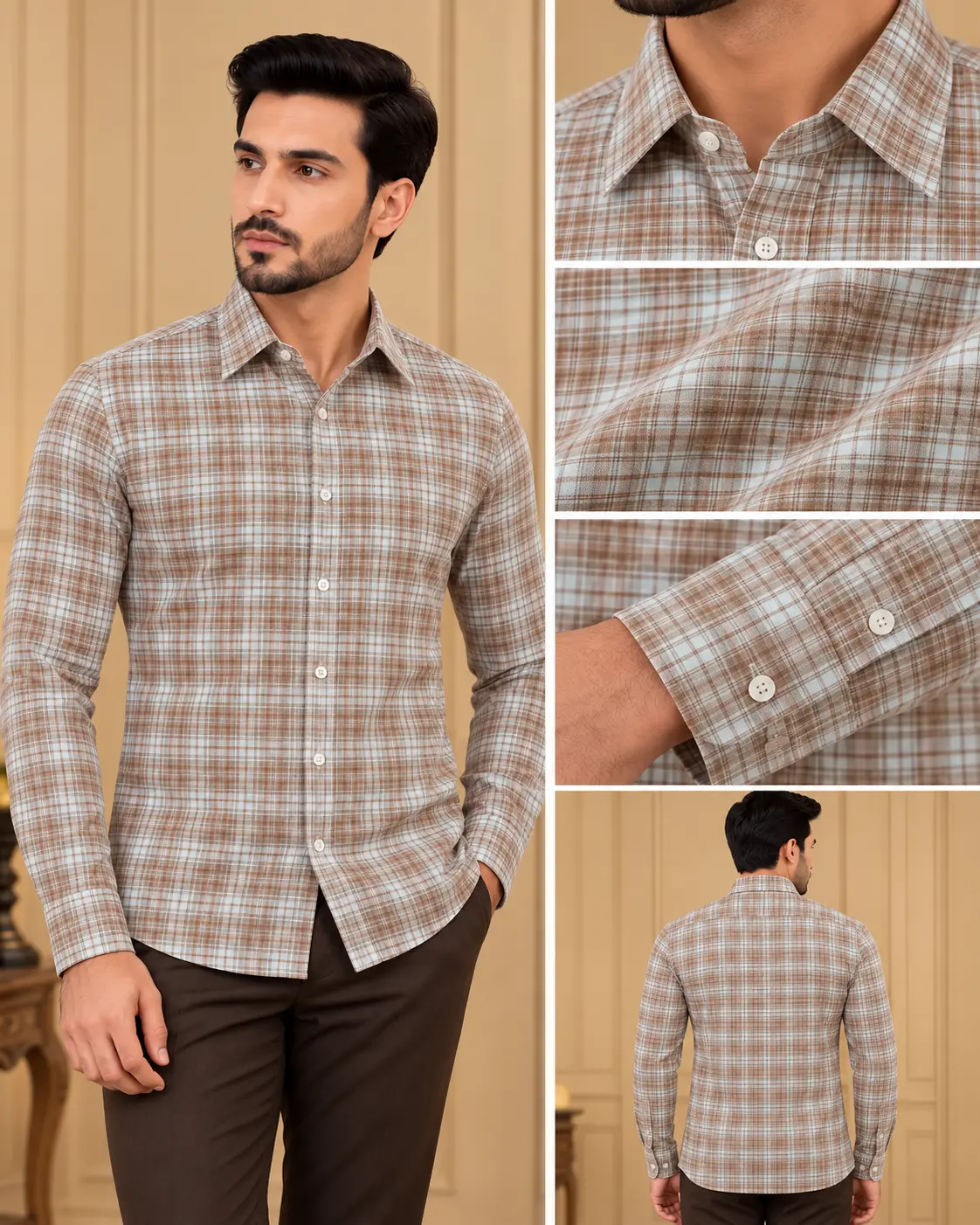 Men’s Brown & White Checked Slim Fit Full Sleeve Shirt