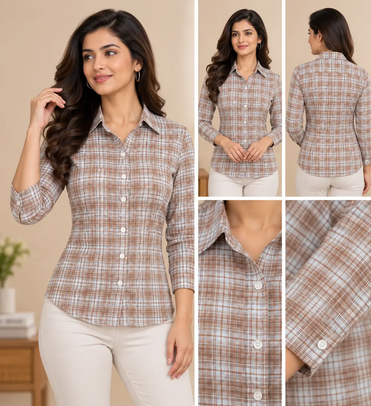 Women’s Brown & White Checked Slim Fit Full Sleeve Shirt