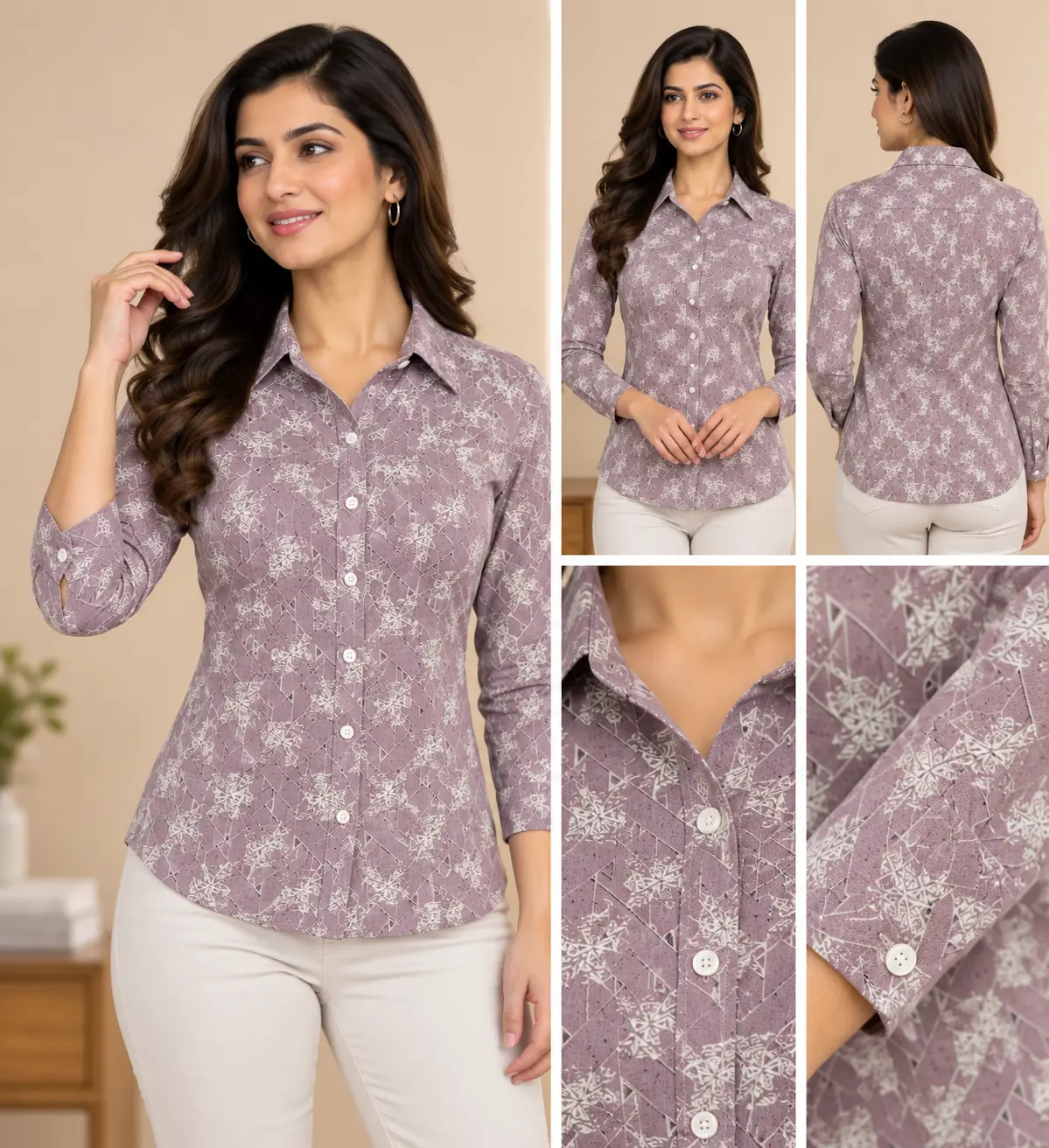 Women’s Mauve Abstract Geometric Print Slim Fit Shirt