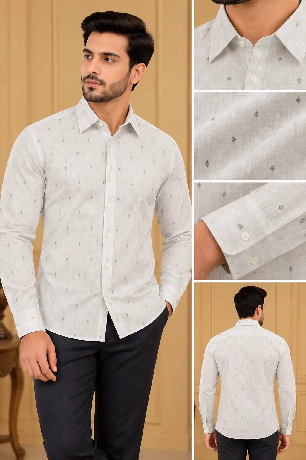 Men’s Light Grey Minimal Motif Slim Fit Full Sleeve Shirt