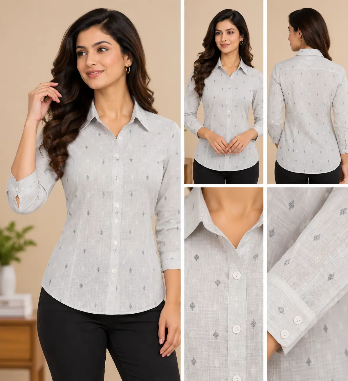 Women’s Light Grey Minimal Motif Slim Fit Shirt