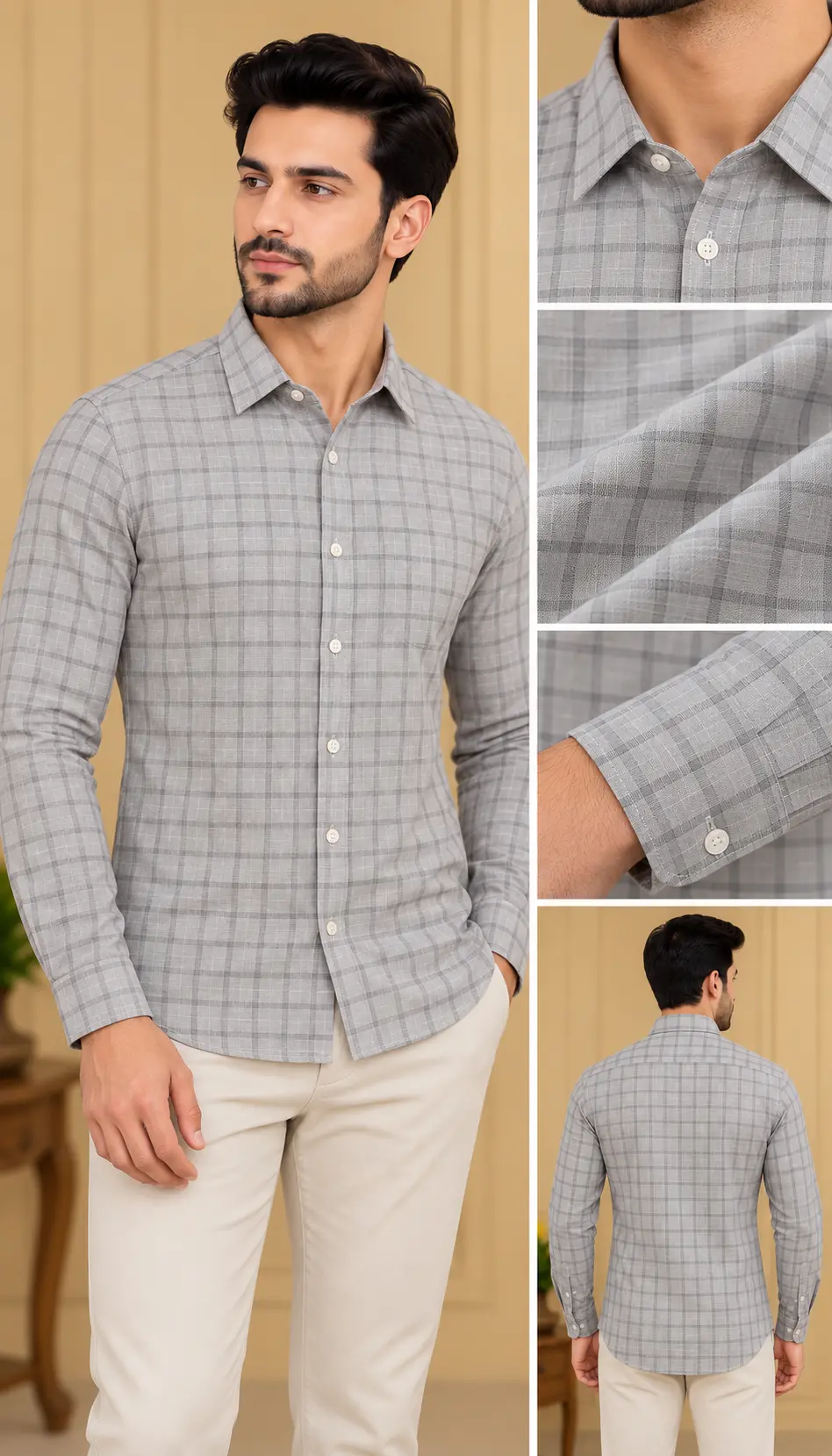 Men’s Light Grey Check Slim Fit Shirt