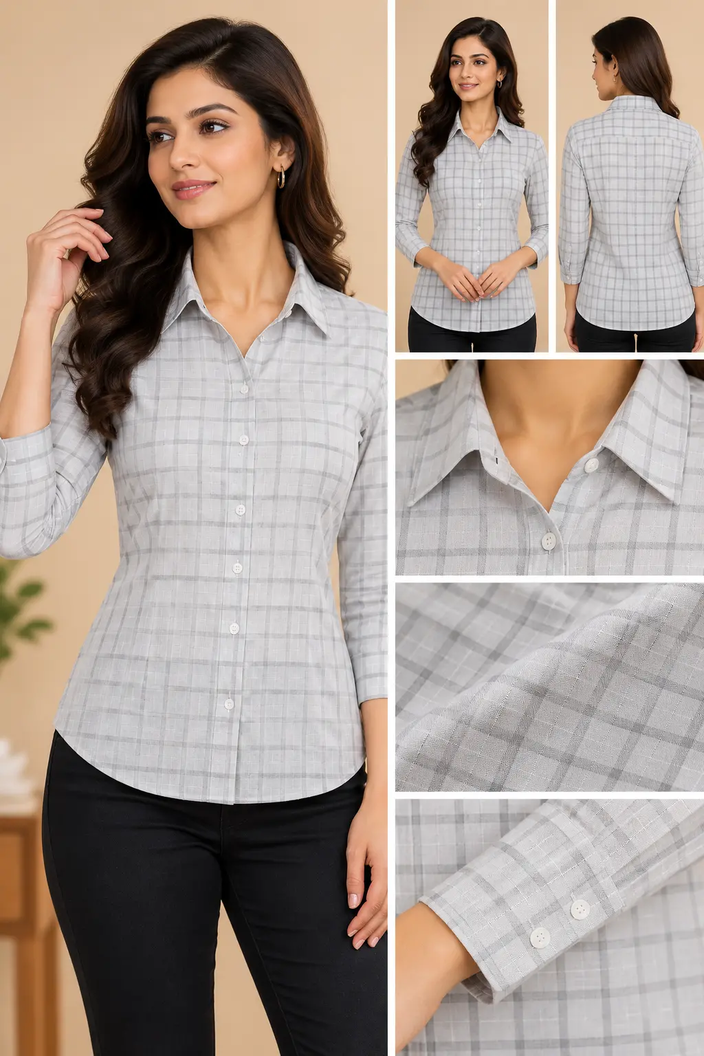 Women’s Light Grey Check Slim Fit Shirt