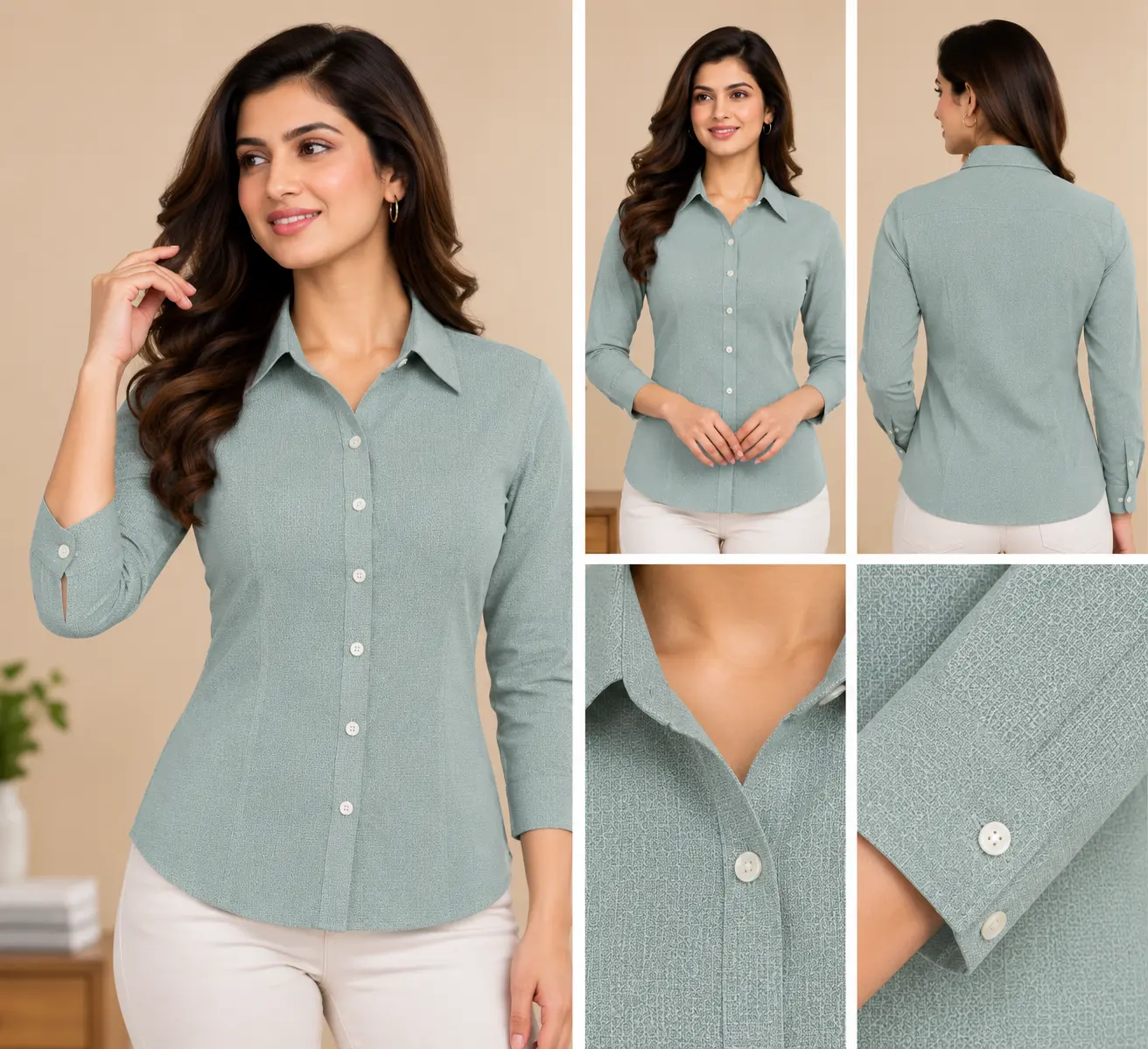 Women’s Seafoam Green Textured Slim Fit Shirt