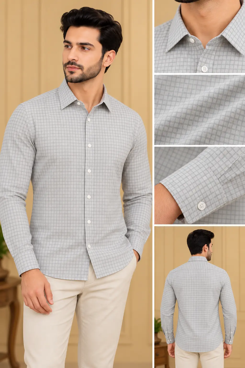 Men’s Light Grey Micro Check Slim Fit Shirt