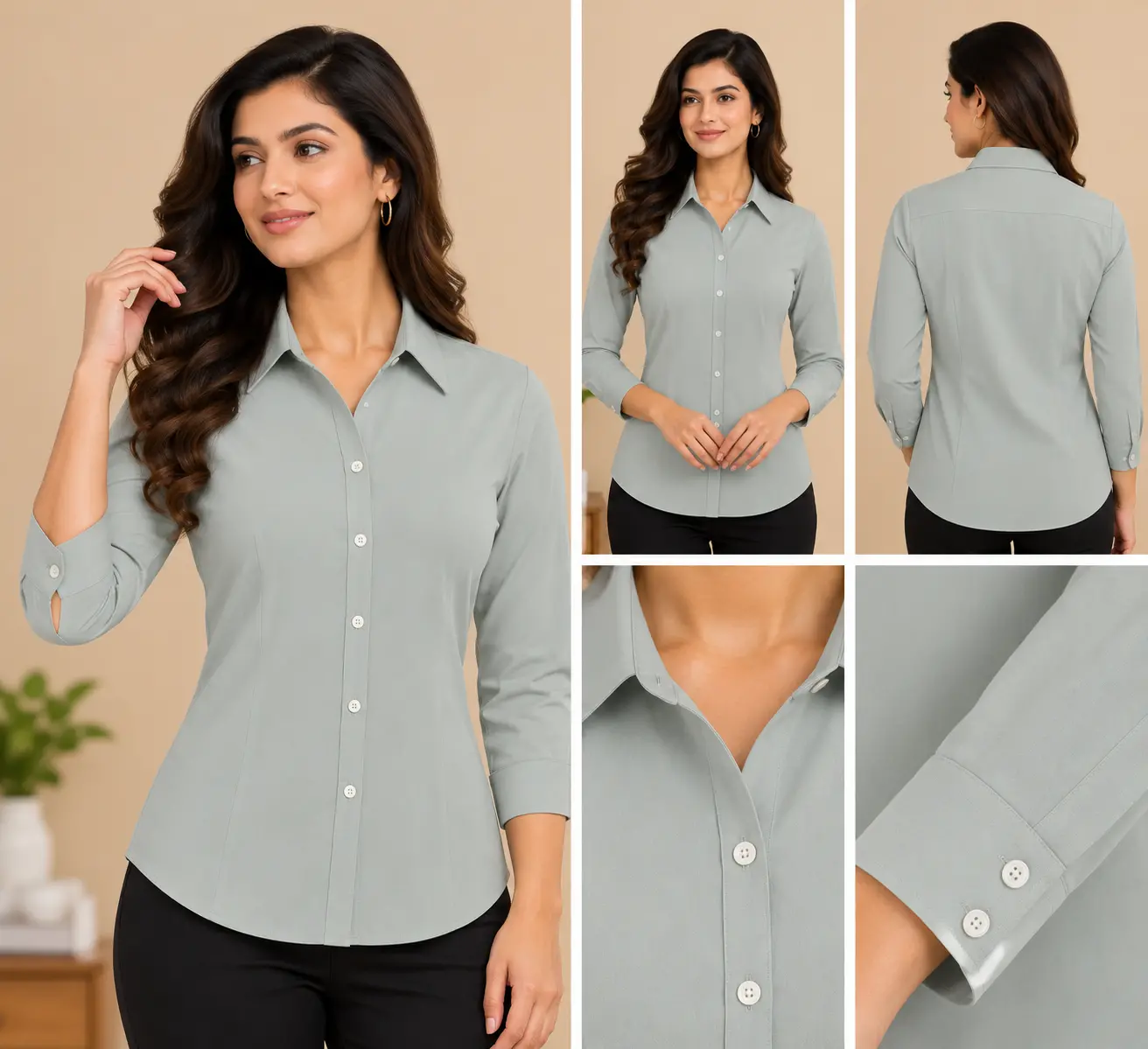 Women’s Light Sage Grey Solid Slim Fit Shirt