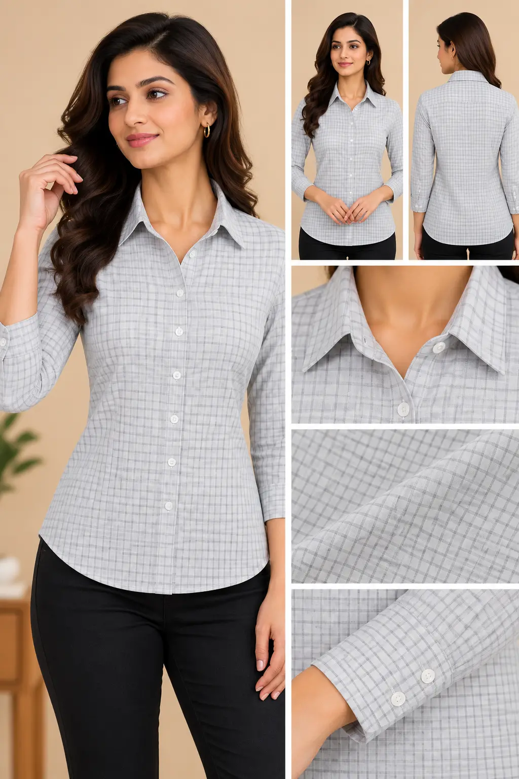 Women’s Light Grey Micro Check Slim Fit Shirt