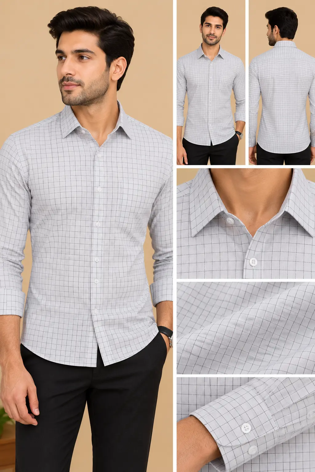 Men’s Light Grey Grid Check Slim Fit Shirt