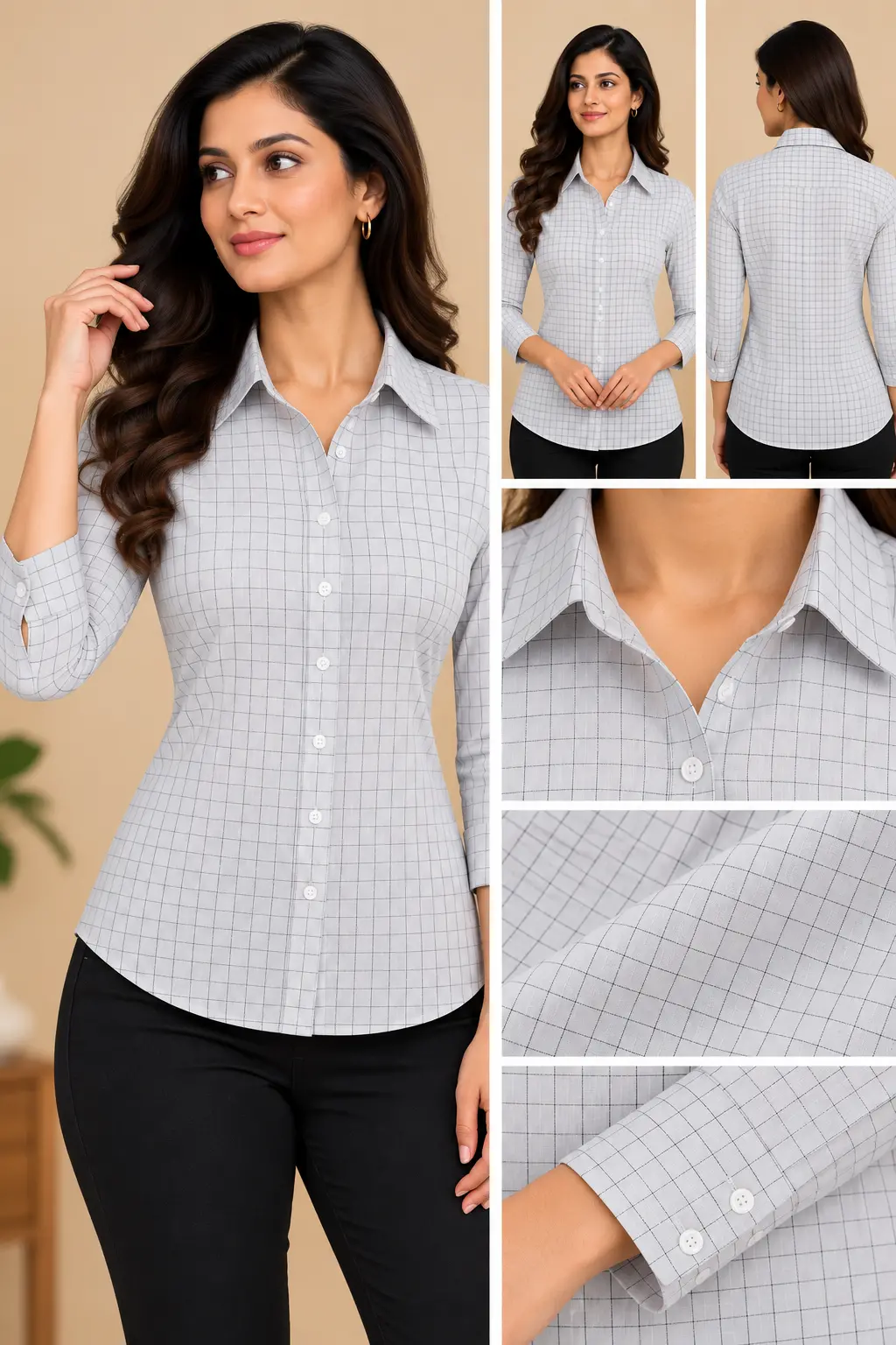 Women’s Light Grey Grid Check Slim Fit Shirt