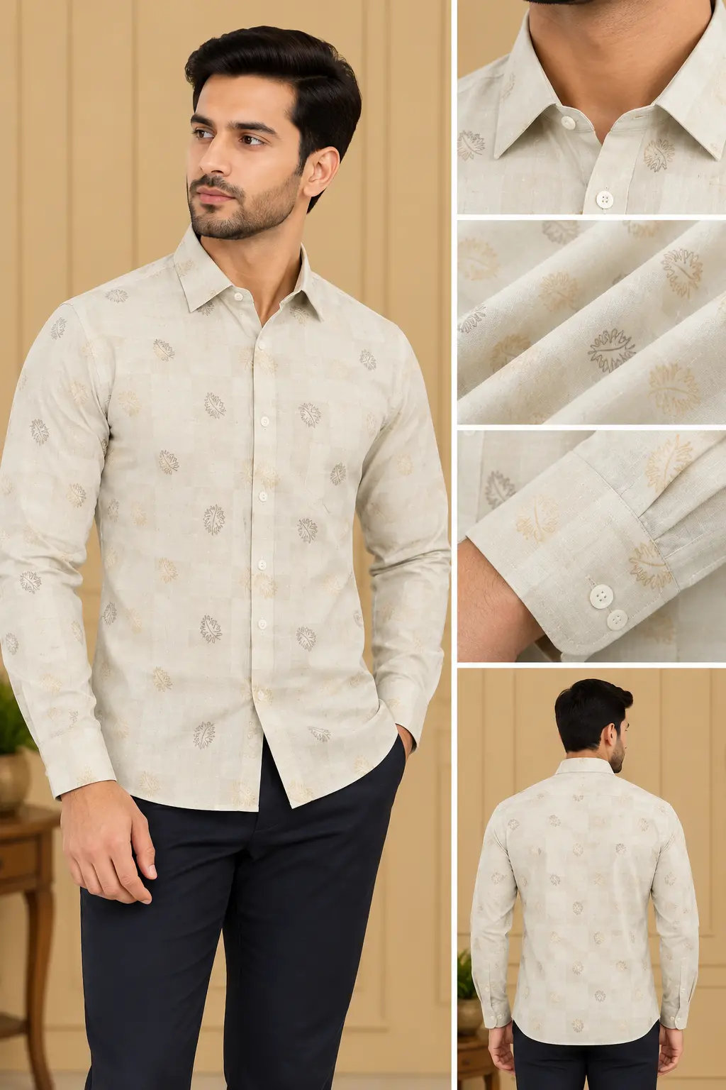 Men’s Cream Botanical Motif Slim Fit Shirt