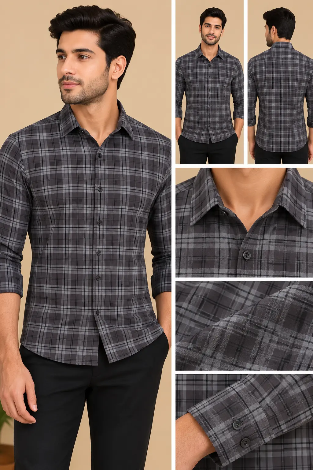 Men’s Charcoal Grey Plaid Slim Fit Shirt