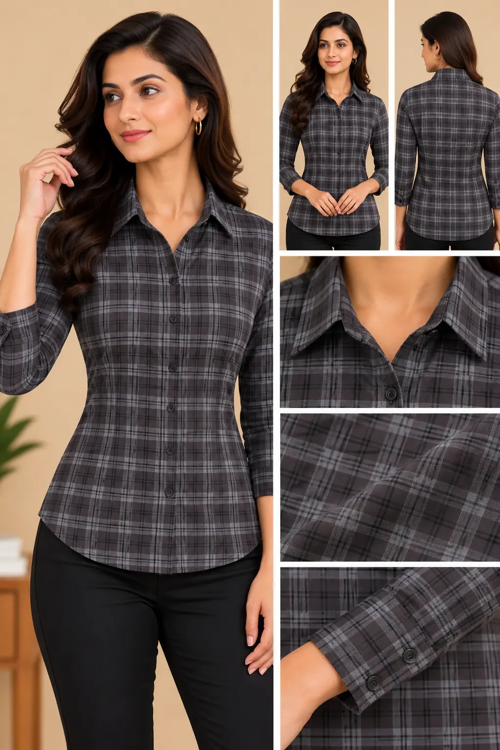 Women’s Charcoal Grey Plaid Slim Fit Shirt