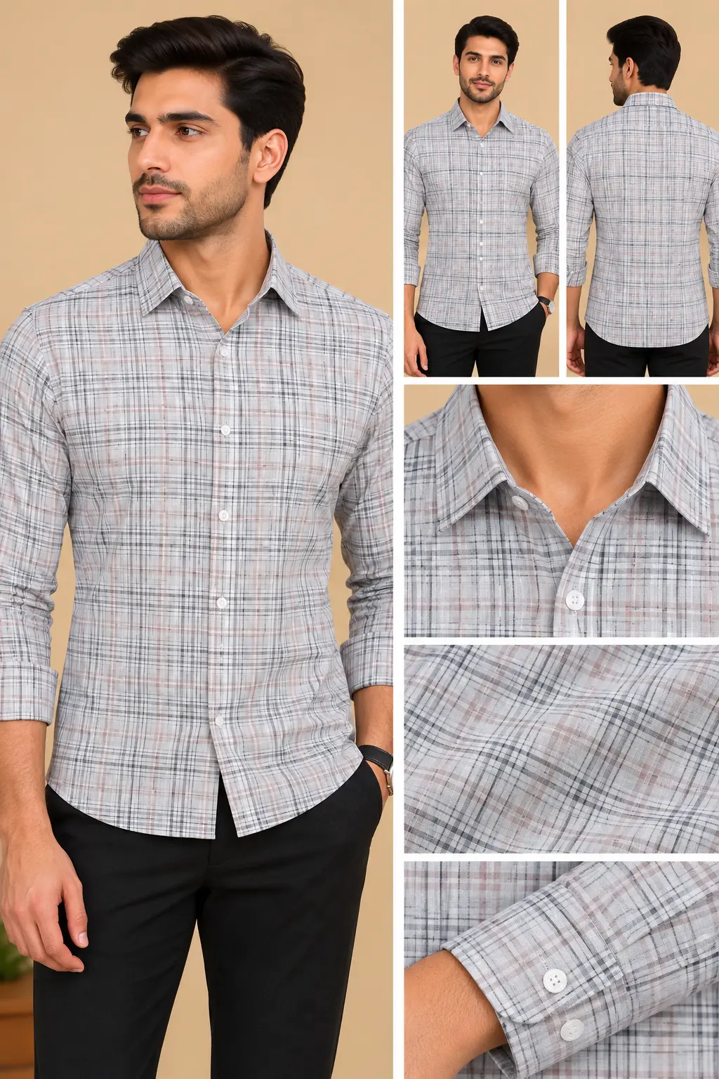 Men’s Light Grey Plaid Slim Fit Shirt