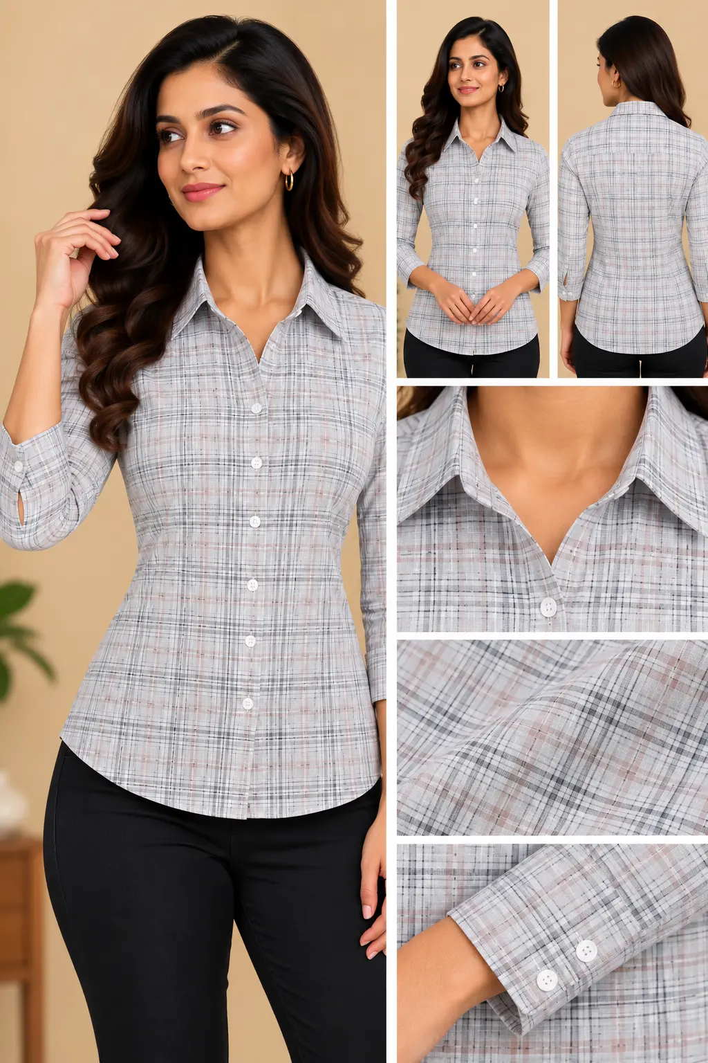 Women’s Light Grey Plaid Slim Fit Shirt