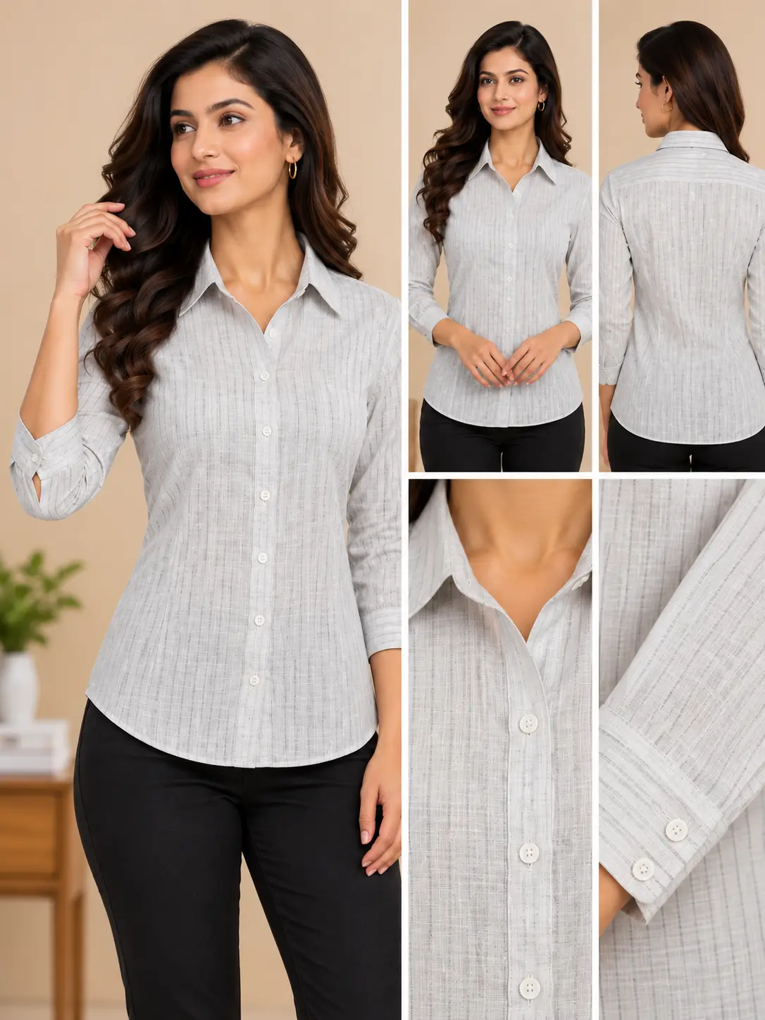 Women’s Light Grey Pinstripe Slim Fit Shirt