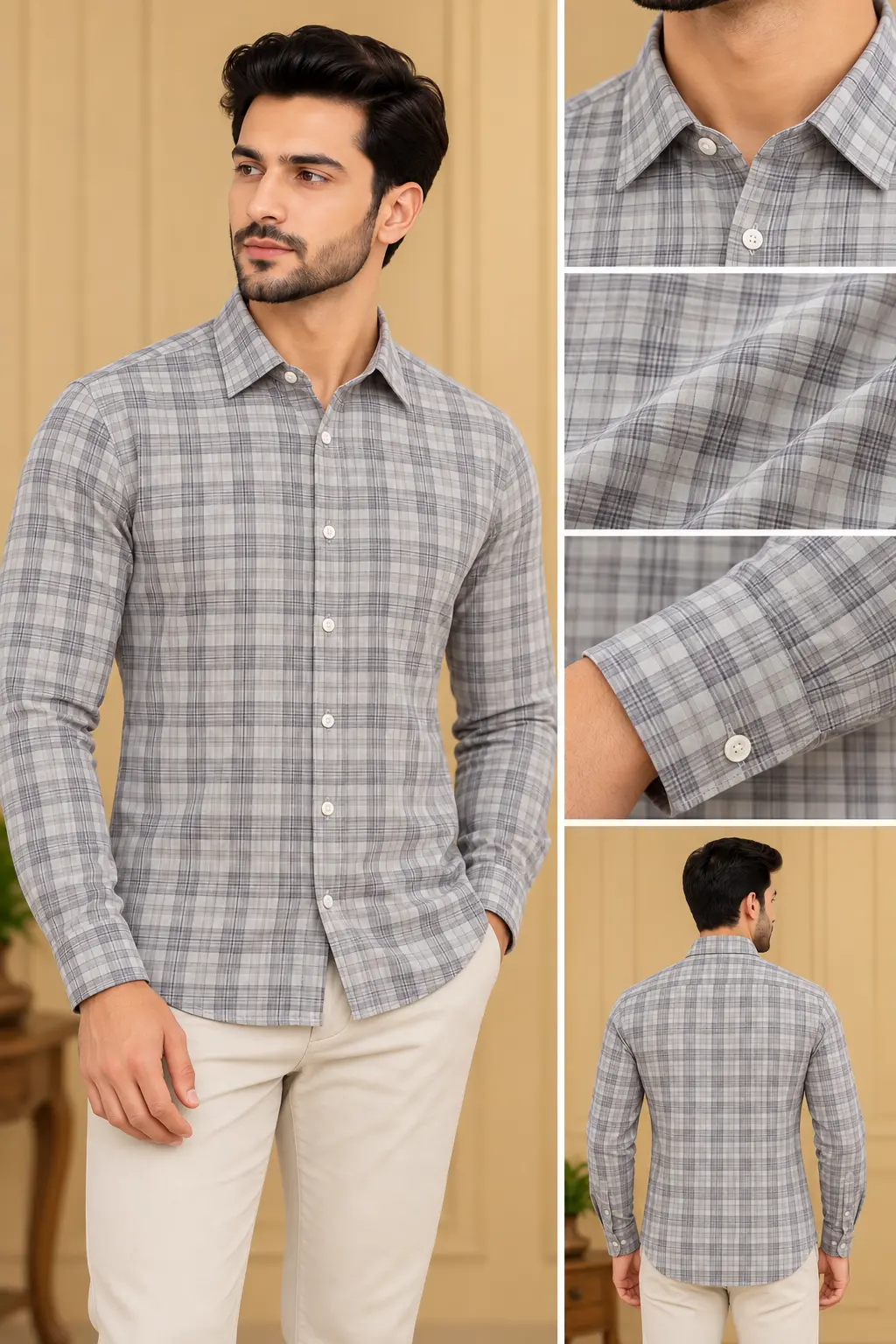 Men’s Light Grey Plaid Slim Fit Shirt