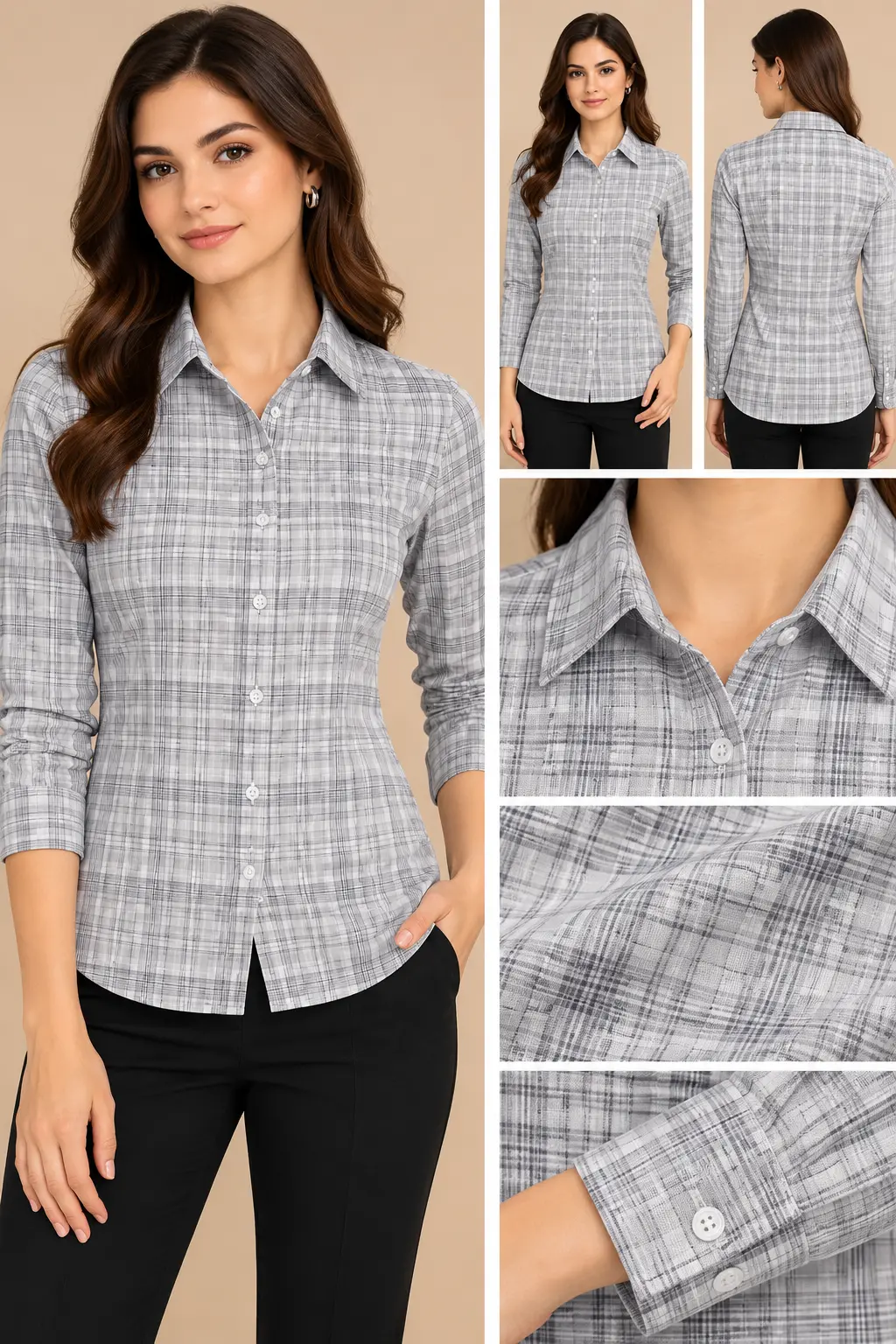 Women’s Light Grey Plaid Slim Fit Shirt