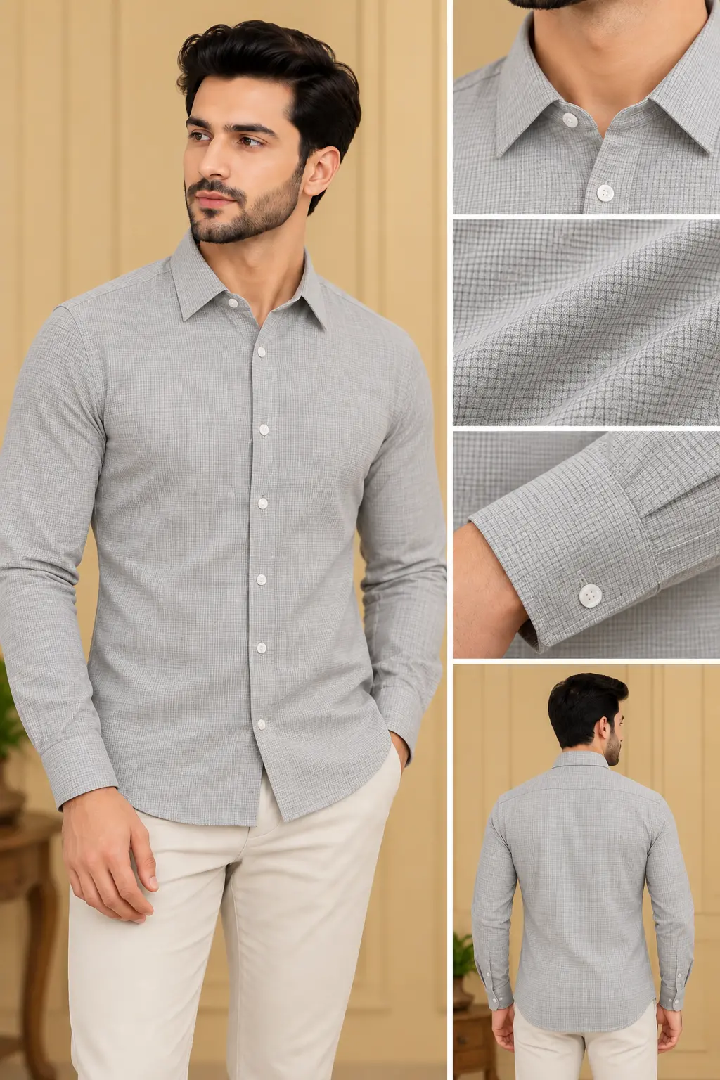 Men’s Light Grey Micro Check Slim Fit Shirt