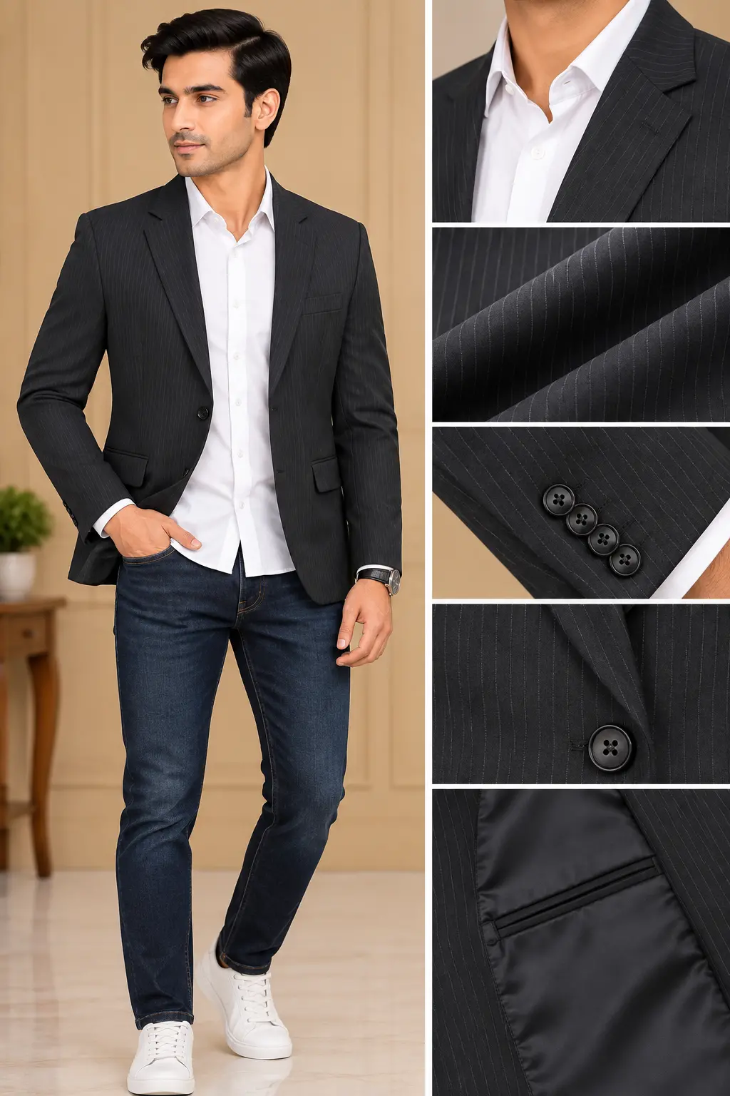 Men’s Charcoal Pinstripe Slim Fit Blazer