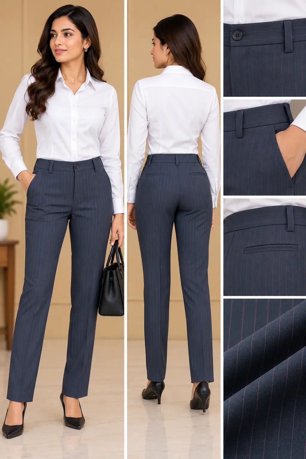 Women’s Navy Pinstripe Slim Fit Formal Trousers