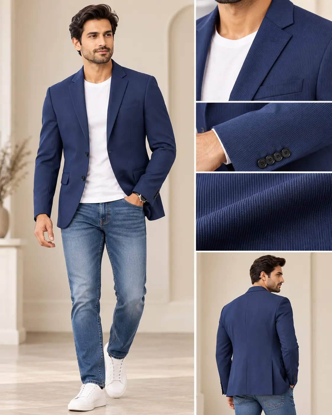Men’s Navy Blue Textured Slim Fit Blazer