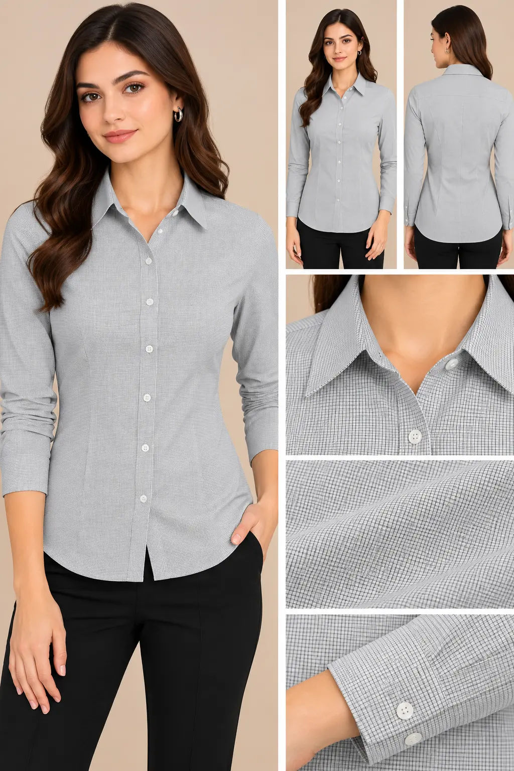 Women’s Light Grey Micro Check Slim Fit Shirt
