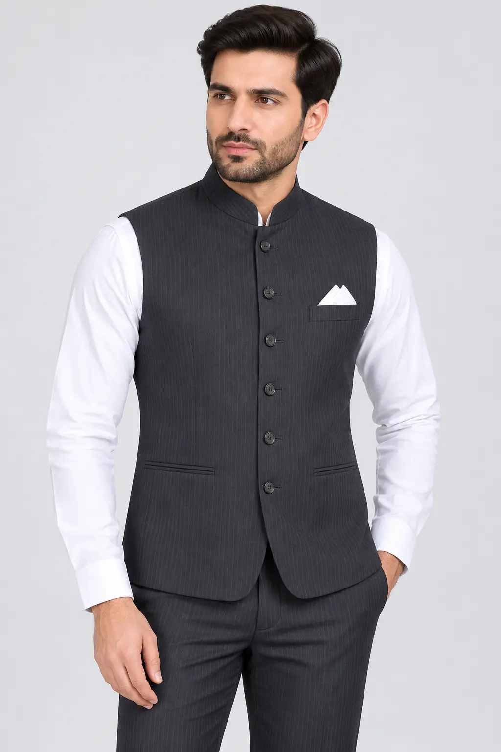 Men’s Charcoal Pinstripe Jodhpuri Koti