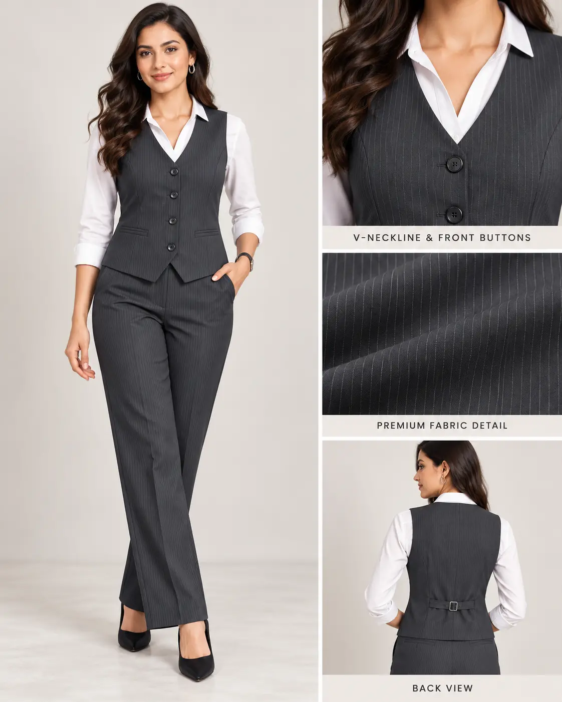Women’s Charcoal Pinstripe V-Neck Slim Fit Waistcoat