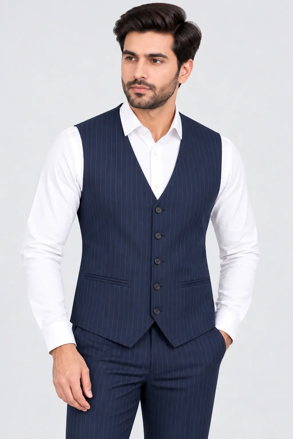 Men’s Navy Pinstripe V-Neck Koti
