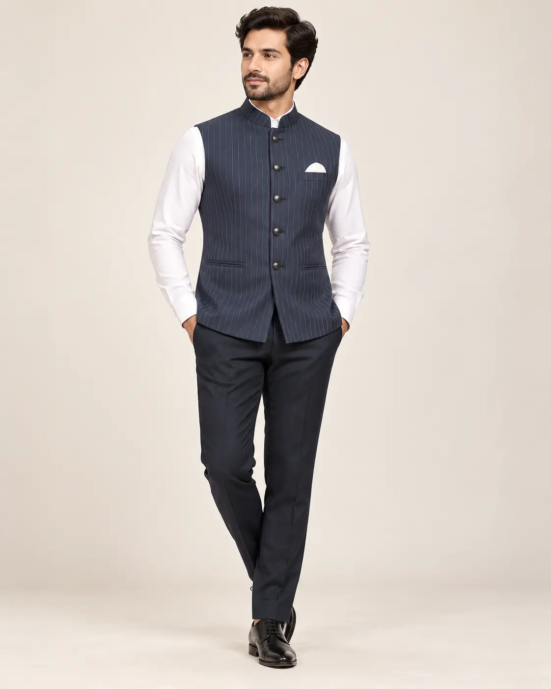 Men’s Navy Pinstripe Jodhpuri Koti