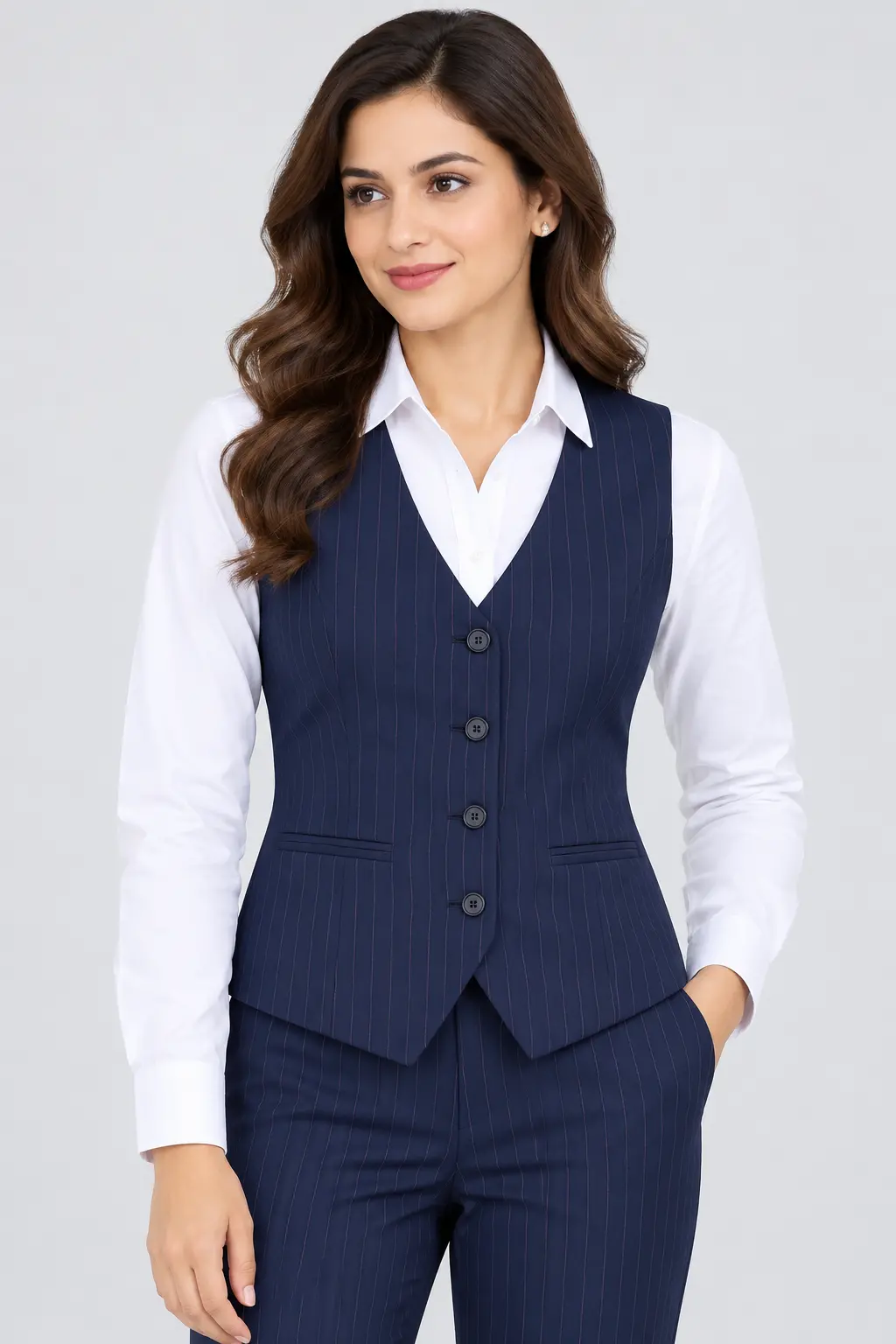 Women’s Navy Pinstripe V-Neck Koti